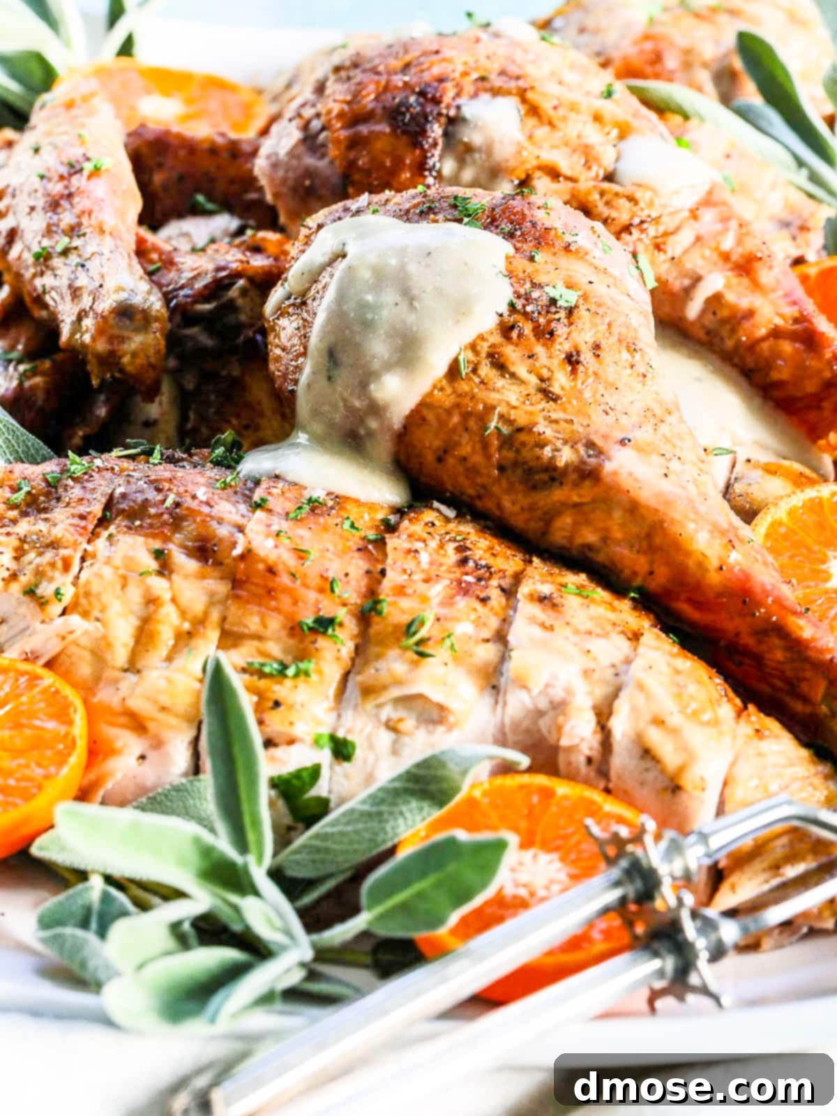 Savory Turkey Gravy 16 Rich turkey gravy being generously poured over a perfectly roasted spatchcock turkey, highlighting its crispy skin and moist meat.