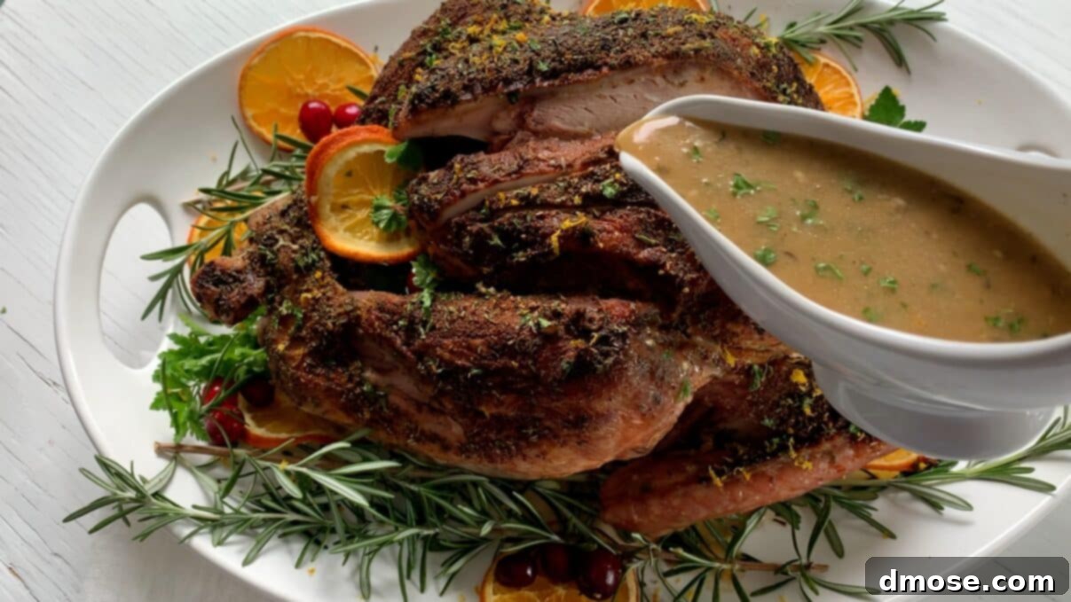 Savory Turkey Gravy 3 Rich, golden turkey gravy being poured from a gravy boat over slices of roast turkey on a serving platter.