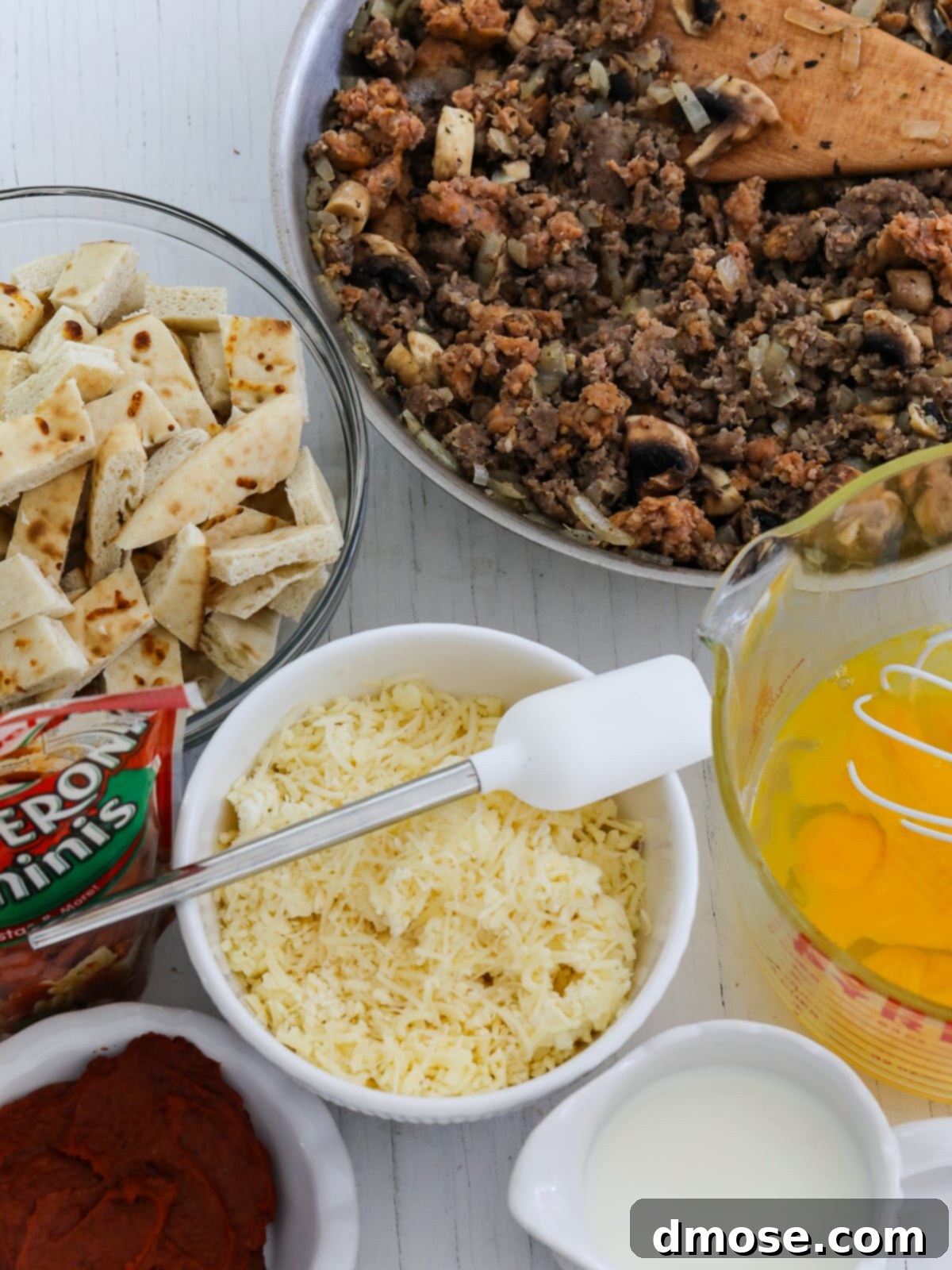 Cheesy Pizza Breakfast Bake 6 Ingredients for breakfast casserole prepared and laid out on a kitchen counter next to the baking dish.