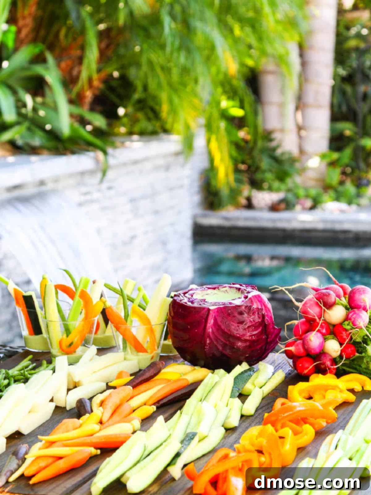 Colorful Veggies & Zesty Dip 2 Vibrant Crudités platter with Green Goddess Dip in a carved purple cabbage bowl, perfect for healthy party snacking.