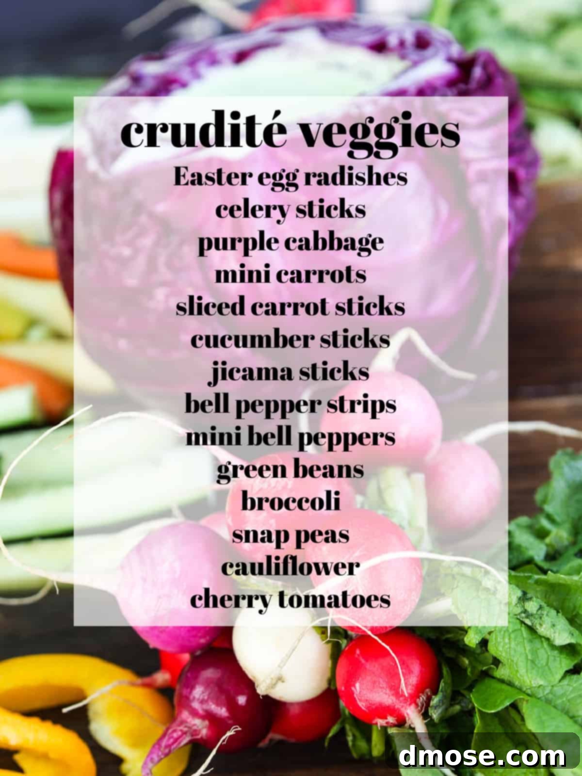 Colorful Veggies & Zesty Dip 3 Fresh vegetables and dip ingredients laid out for making Crudités with Green Goddess Dip.