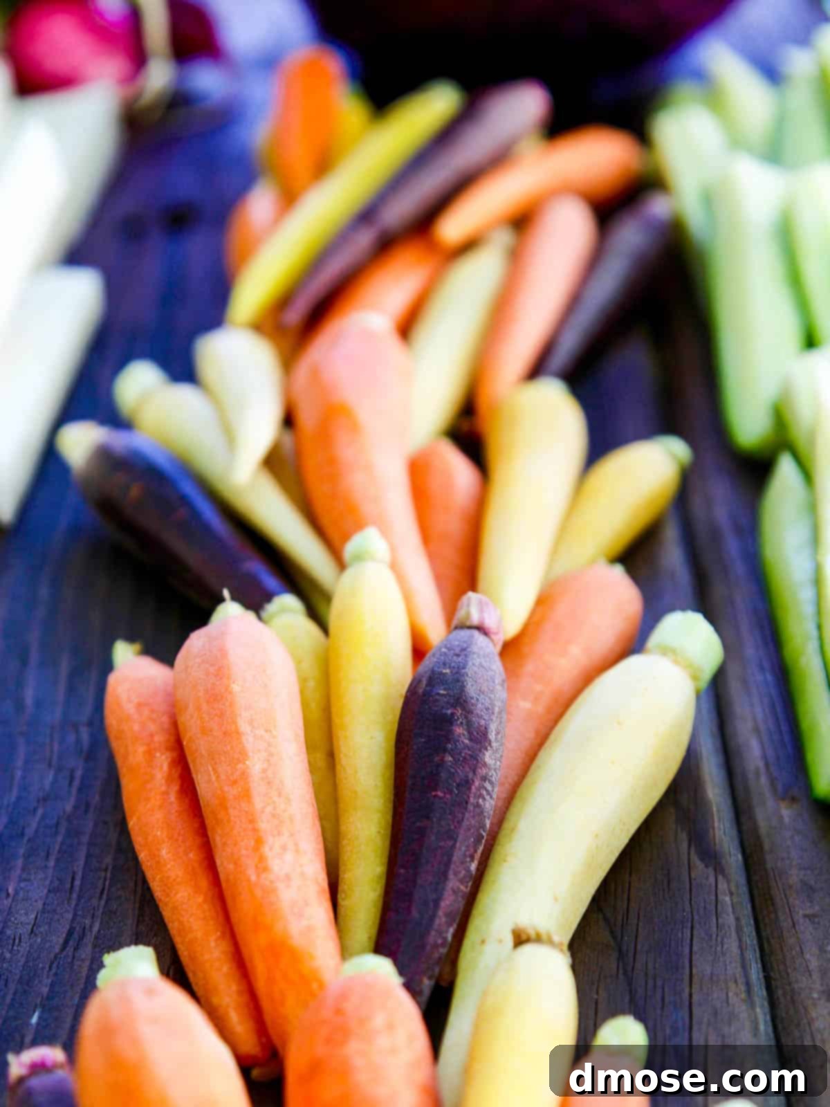 Colorful Veggies & Zesty Dip 4 Small orange, yellow and purple carrots cleaned and ready to eat for a crudités platter.