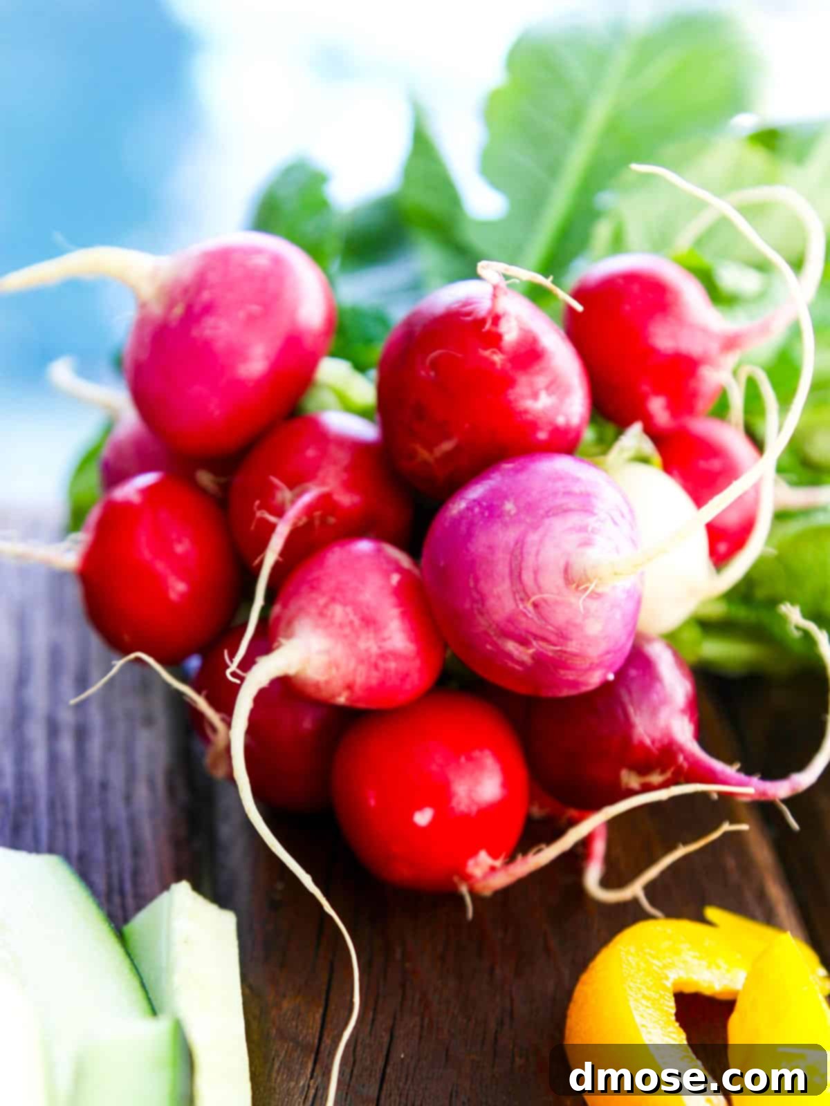 Colorful Veggies & Zesty Dip 5 A vibrant bunch of colorful Easter egg radishes, freshly cleaned for a crudités display.