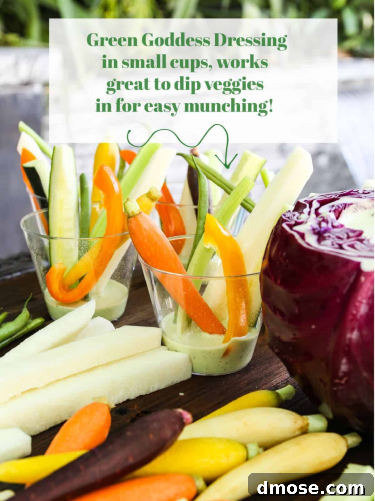 Colorful Veggies & Zesty Dip 6 A graphic showing how to put Green Goddess dip in small clear cups to dip veggies in at a party, alongside a carved purple cabbage bowl.