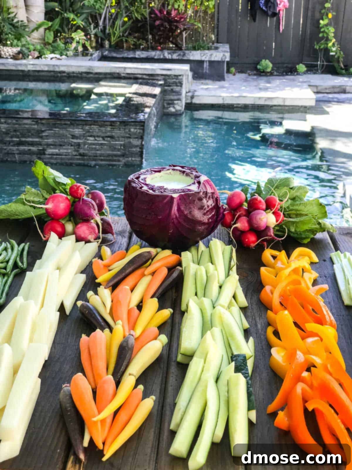 Colorful Veggies & Zesty Dip 8 A beautifully arranged crudités platter with a variety of colorful cut vegetables and a bowl of Green Goddess Dip.